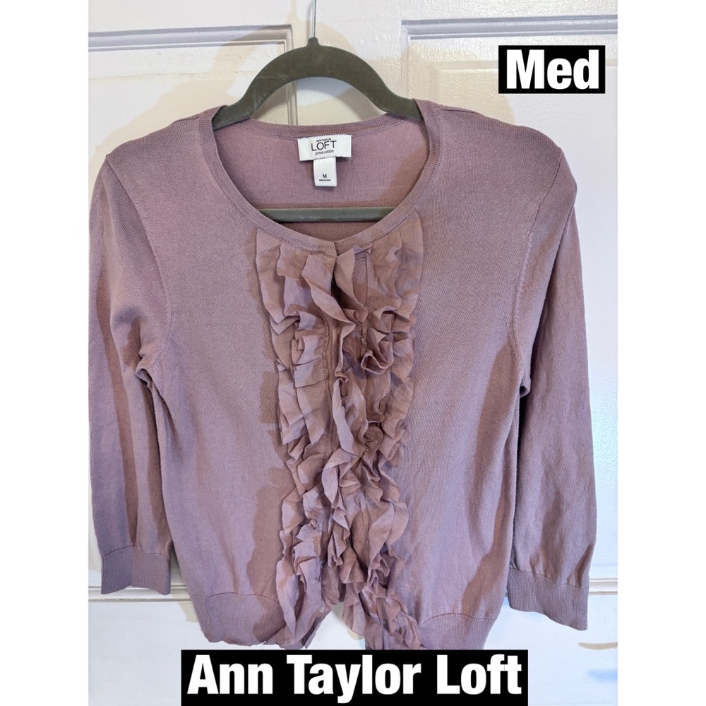 LOFT Lavender Knit Cardigan Snap Down Ruffle Front